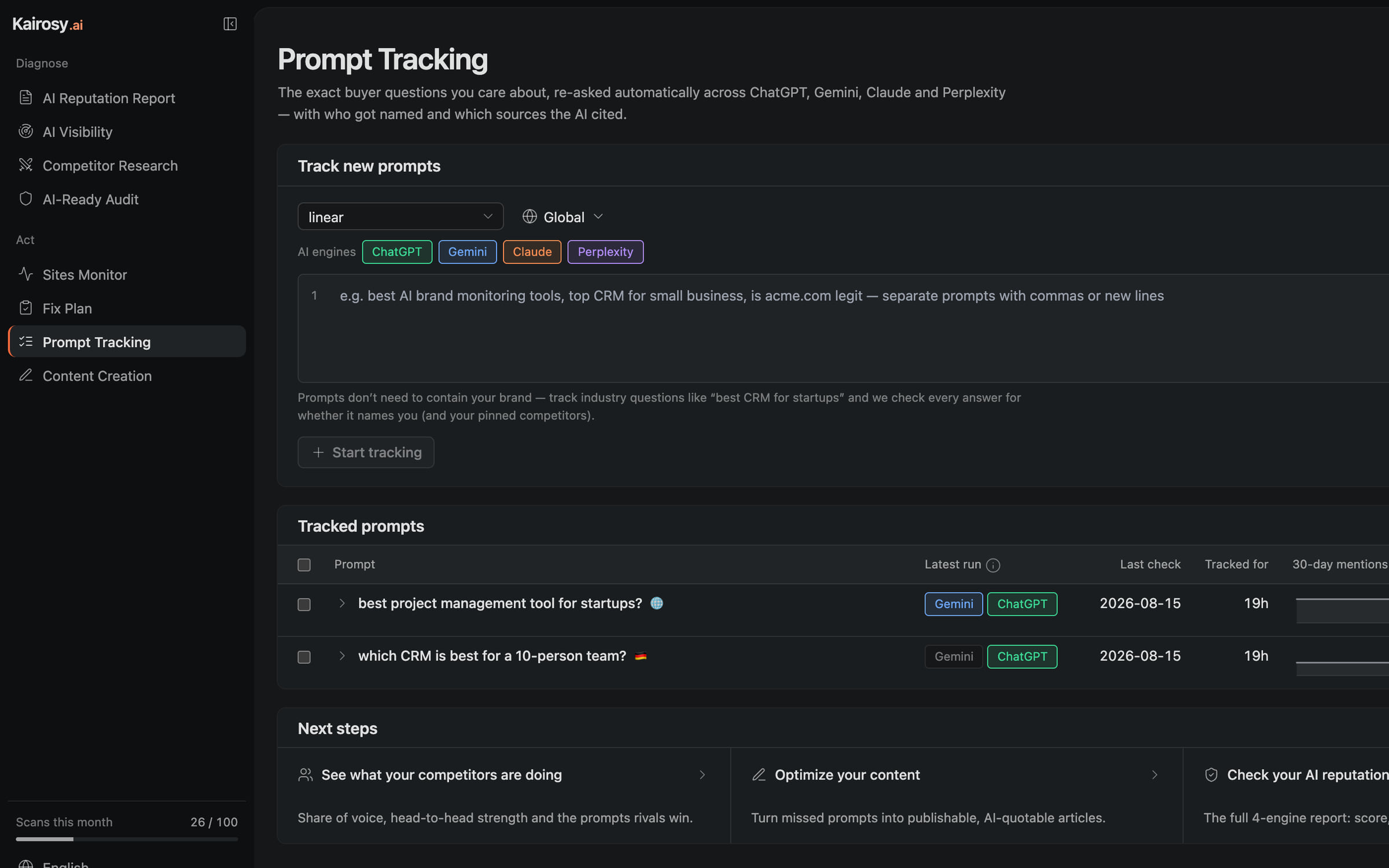 Kairosy prompt tracking: buyer questions re-asked on a schedule across ChatGPT, Gemini, Claude and Perplexity, with the latest run and mention count for each prompt