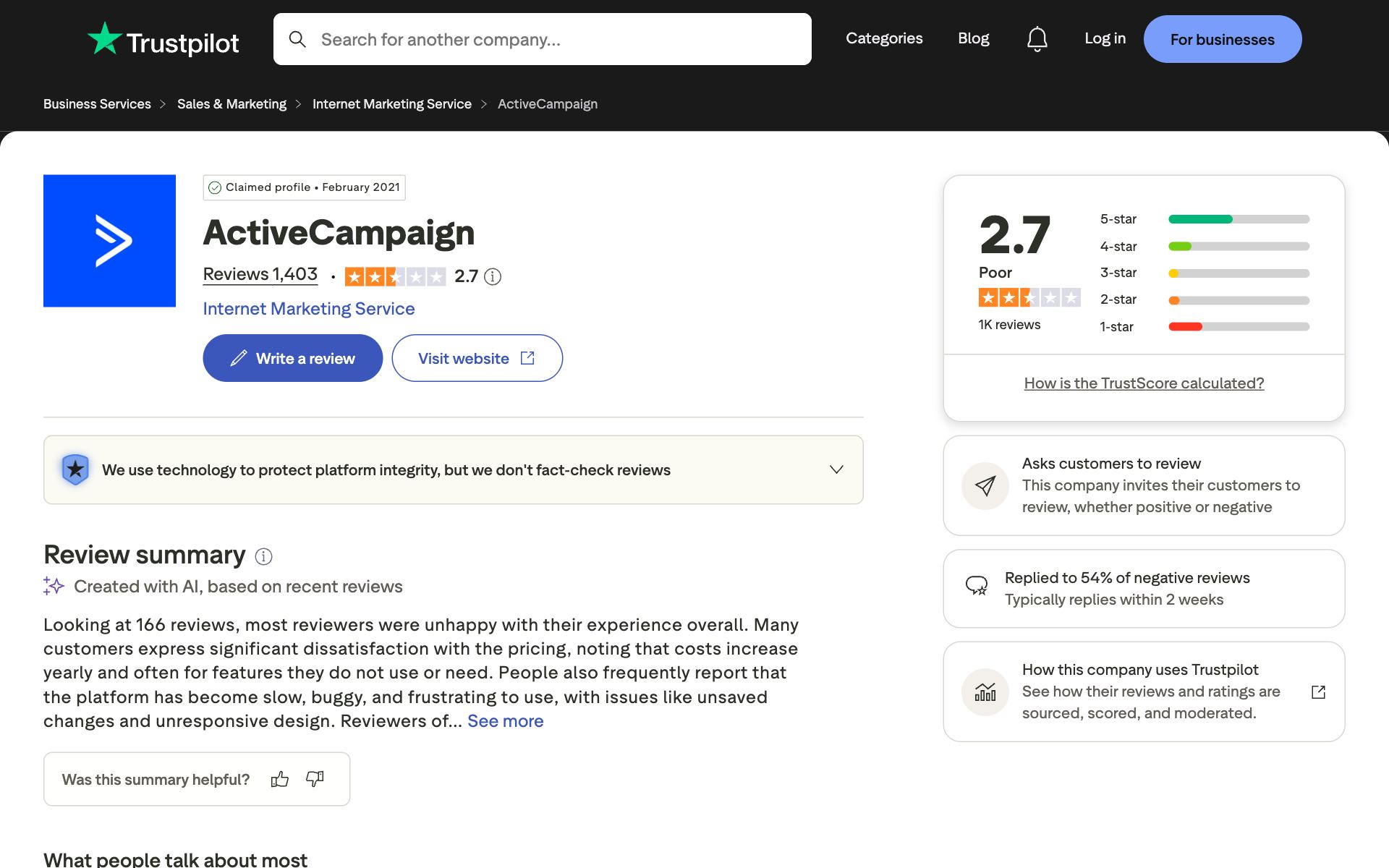 ActiveCampaign on Trustpilot — the kind of review source AI engines echo