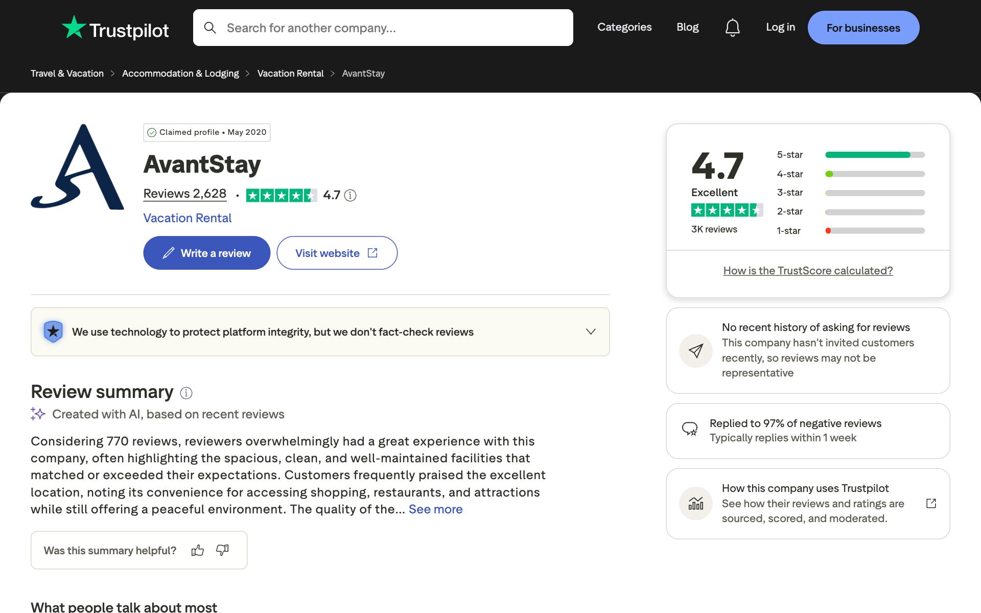 AvantStay on Trustpilot — the kind of review source AI engines echo