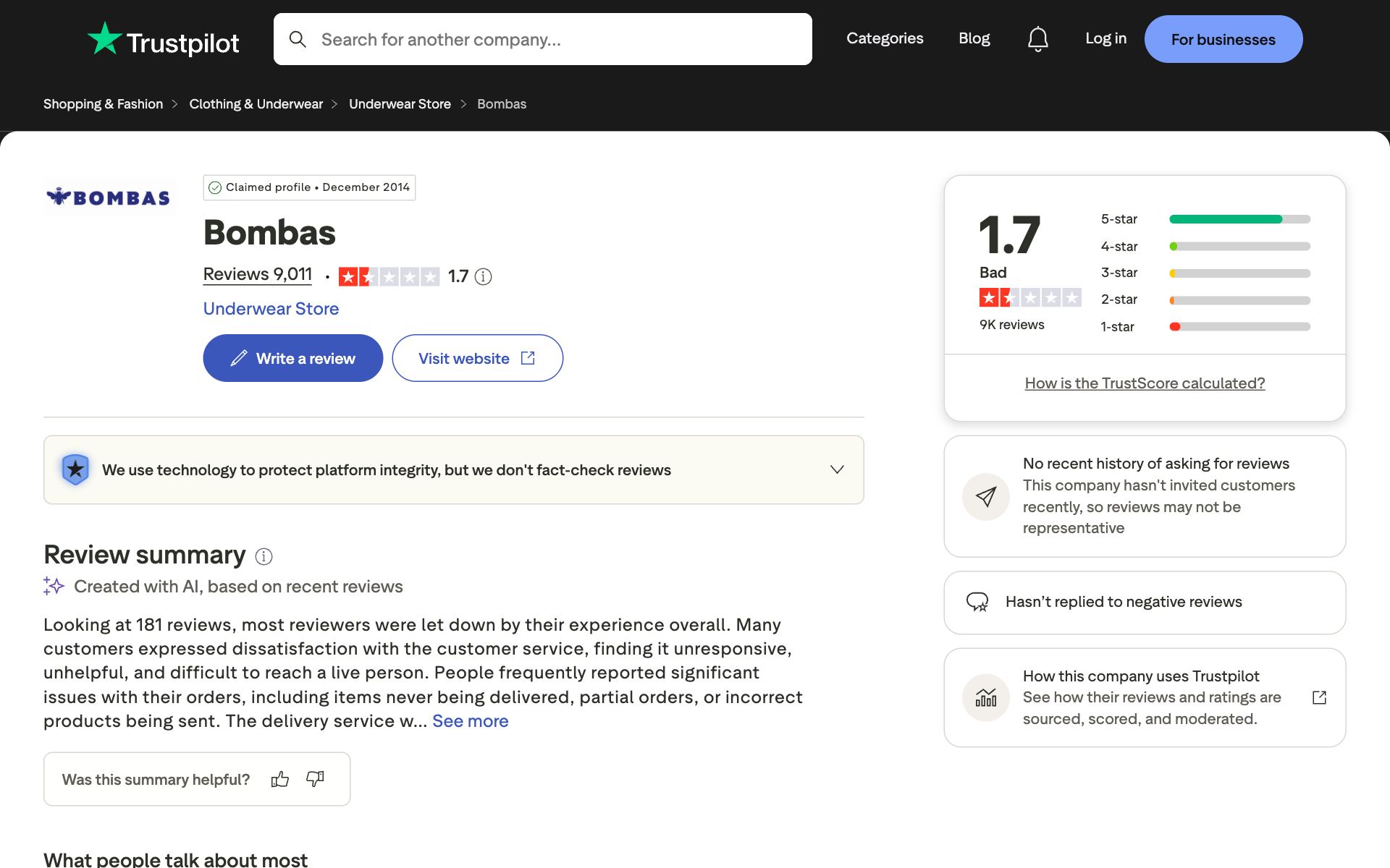 Bombas on Trustpilot — the kind of review source AI engines echo