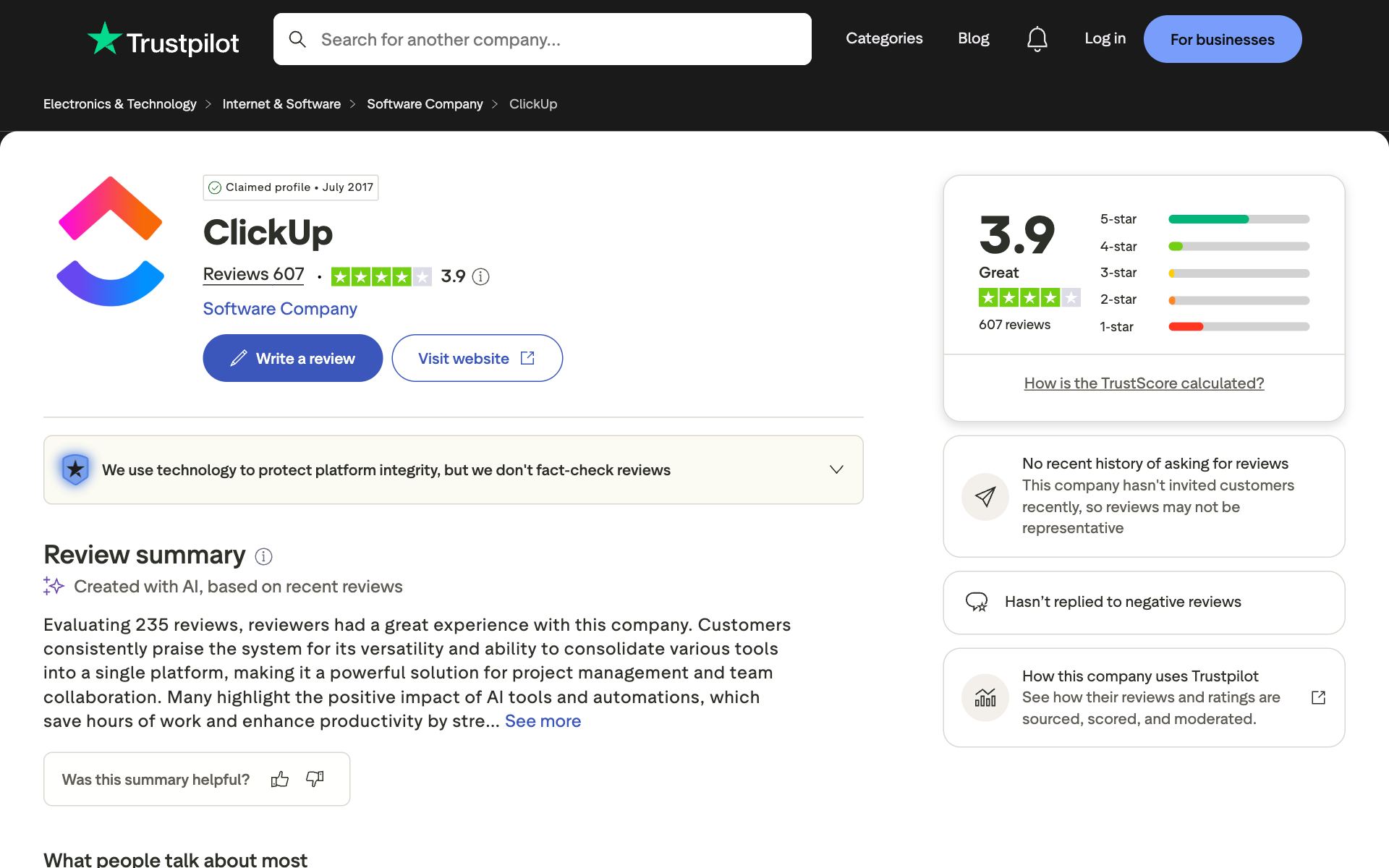 ClickUp on Trustpilot — the kind of review source AI engines echo