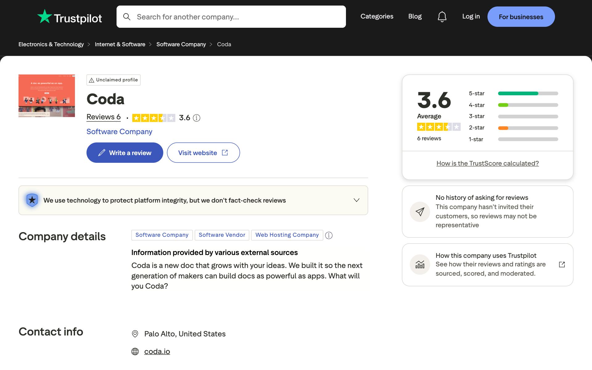 Coda on Trustpilot — the kind of review source AI engines echo