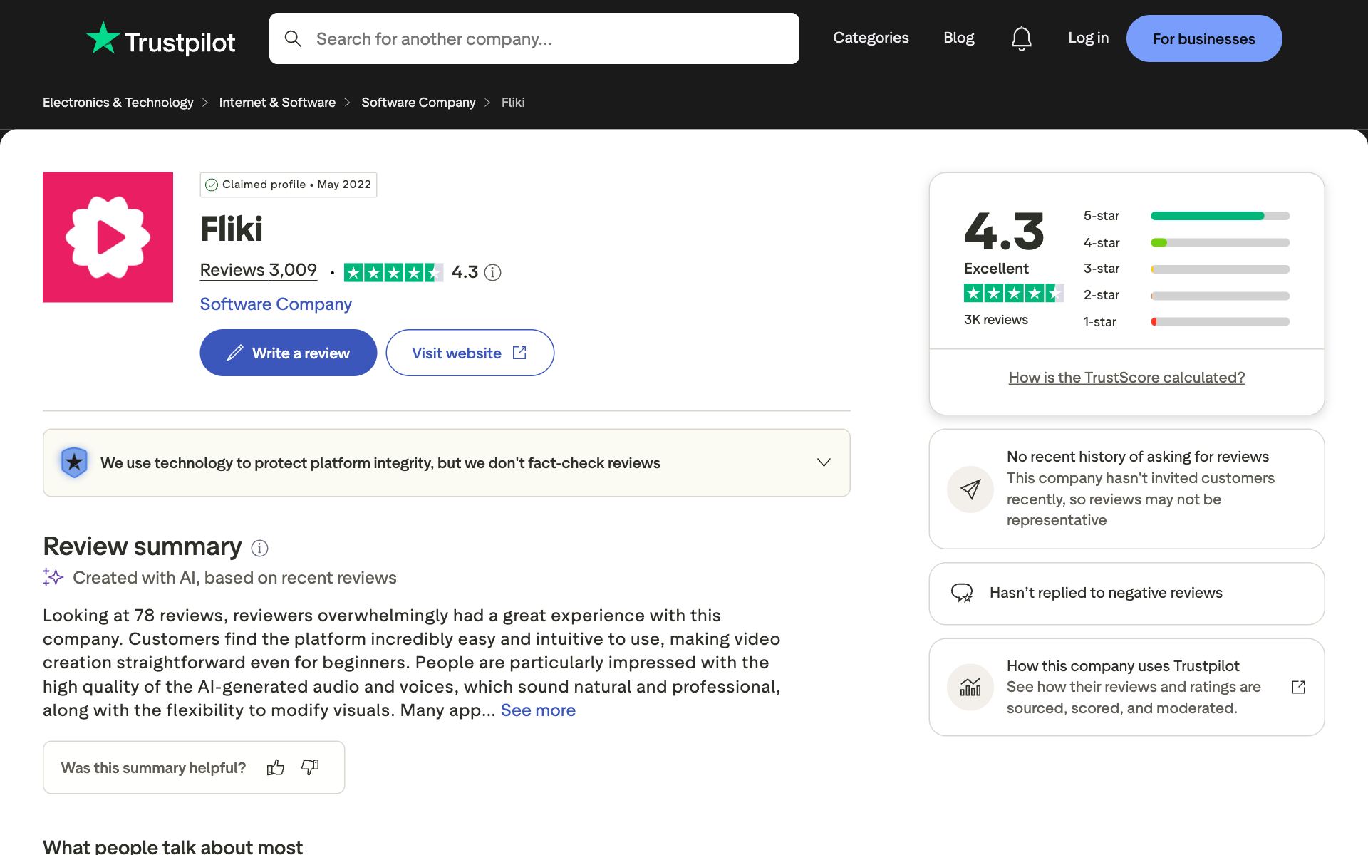 Fliki on Trustpilot — the kind of review source AI engines echo
