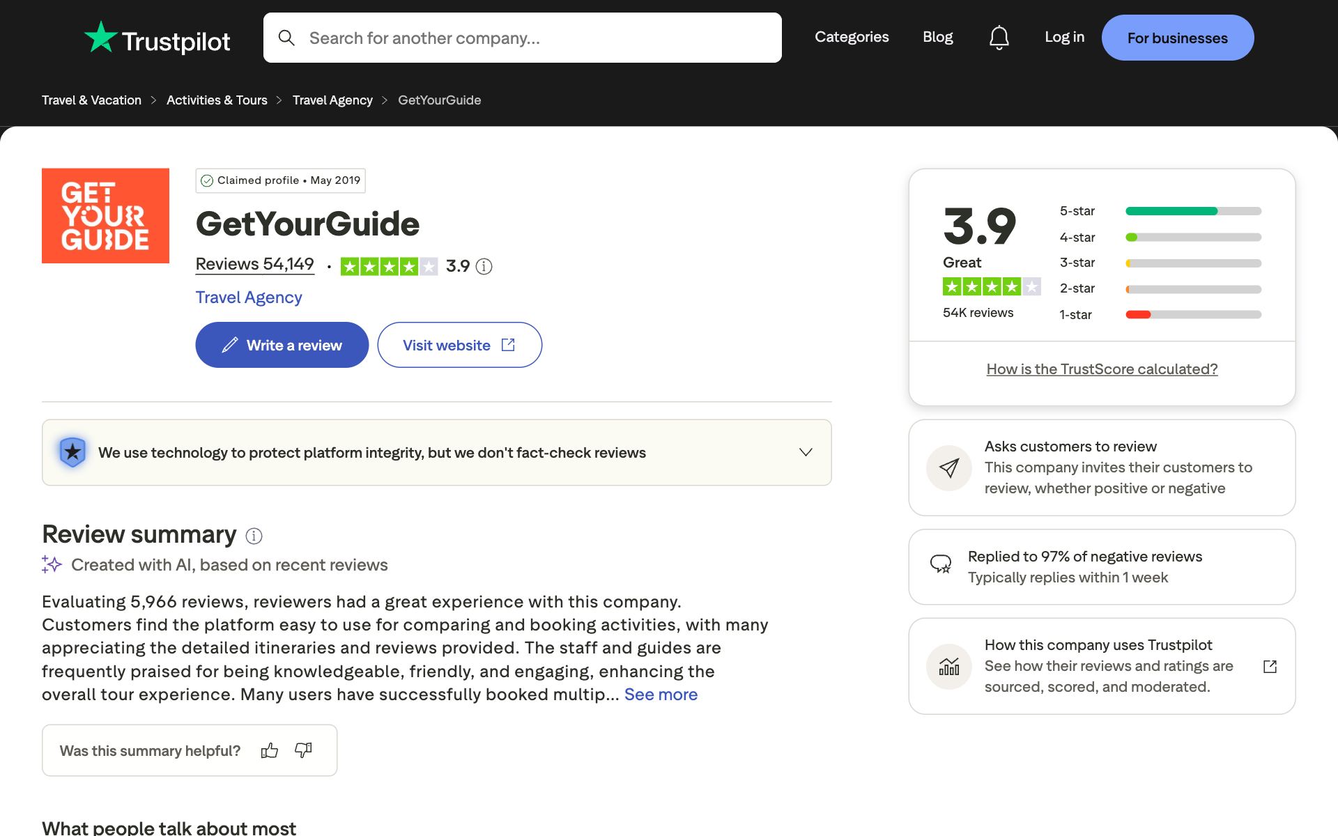 GetYourGuide on Trustpilot — the kind of review source AI engines echo