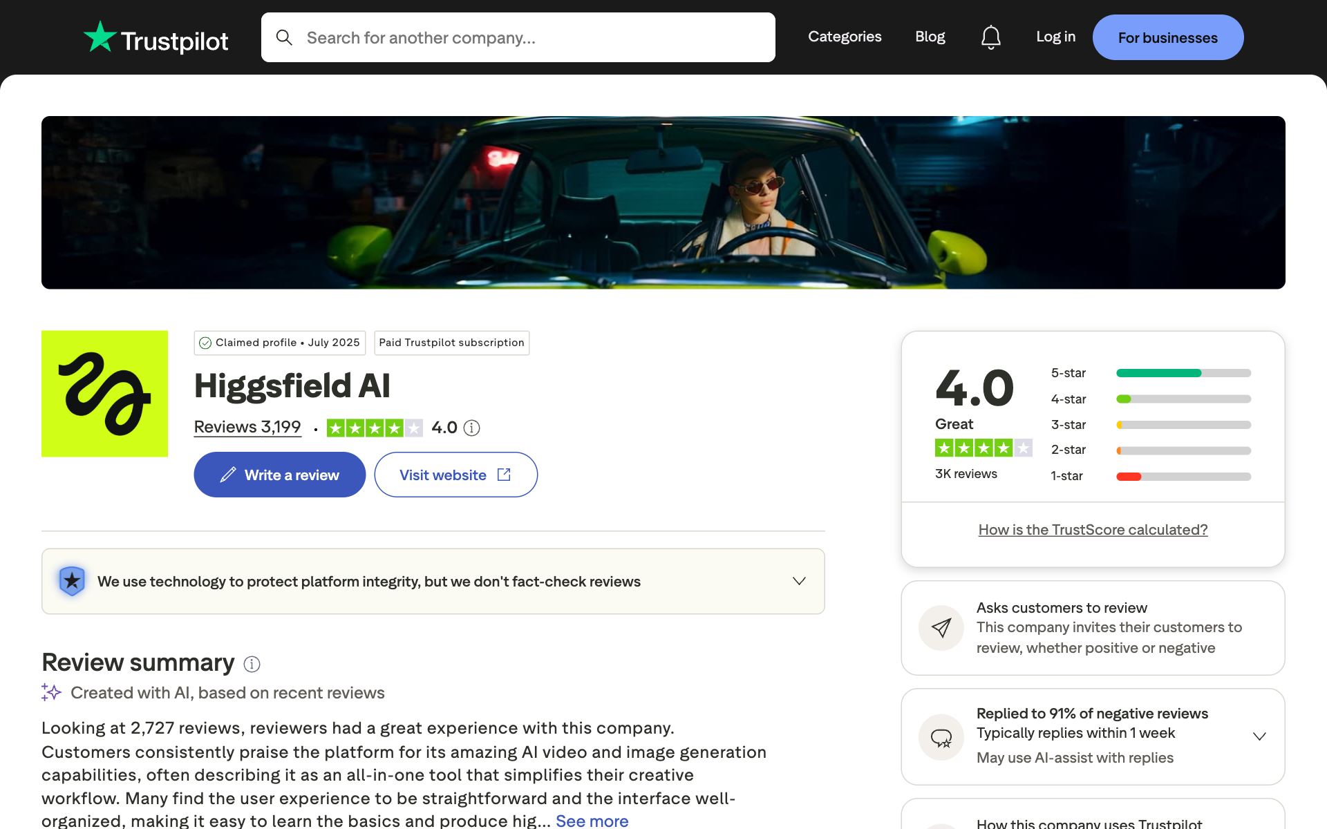 Higgsfield AI on Trustpilot — the kind of review source AI engines echo