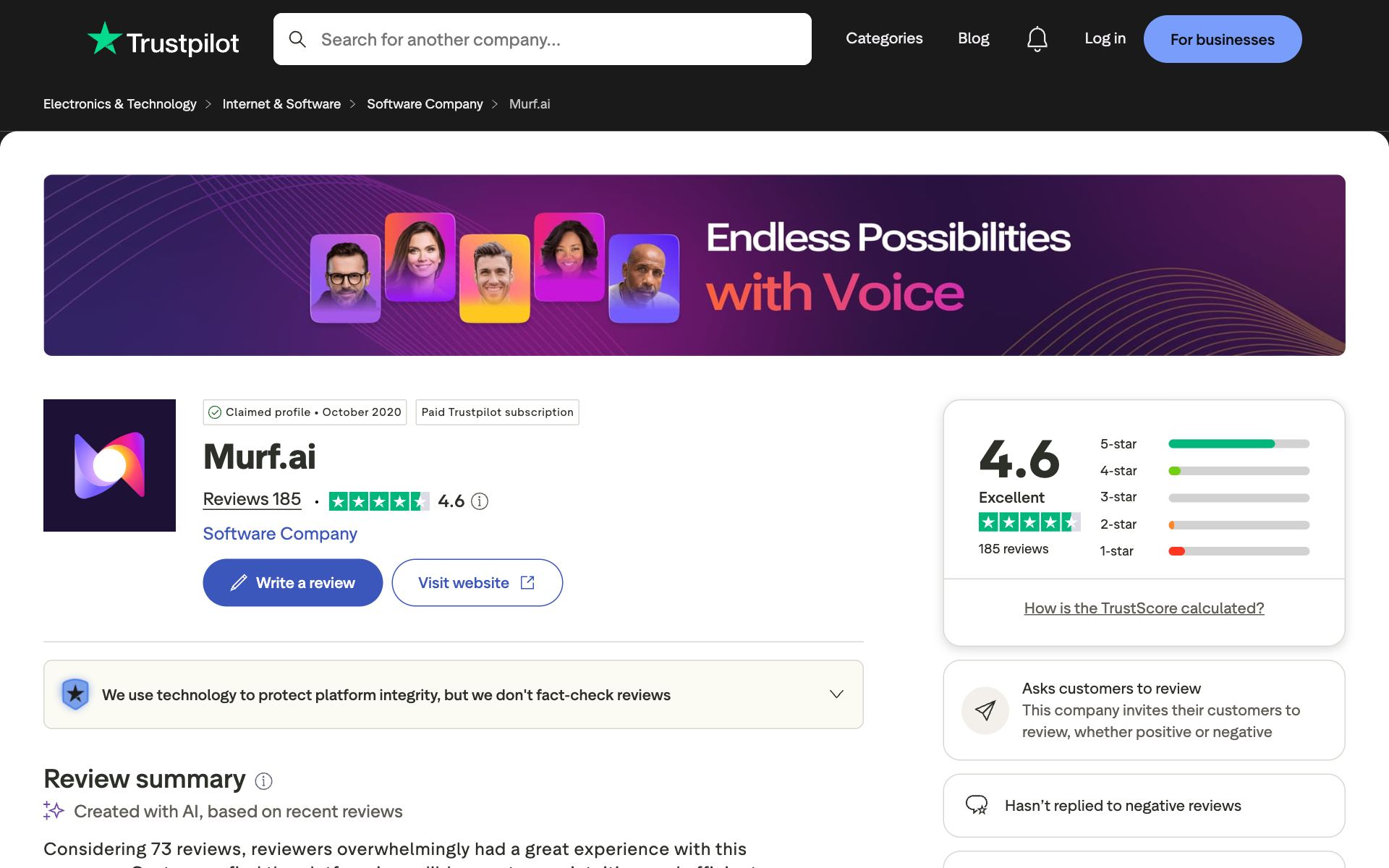 Murf on Trustpilot — the kind of review source AI engines echo