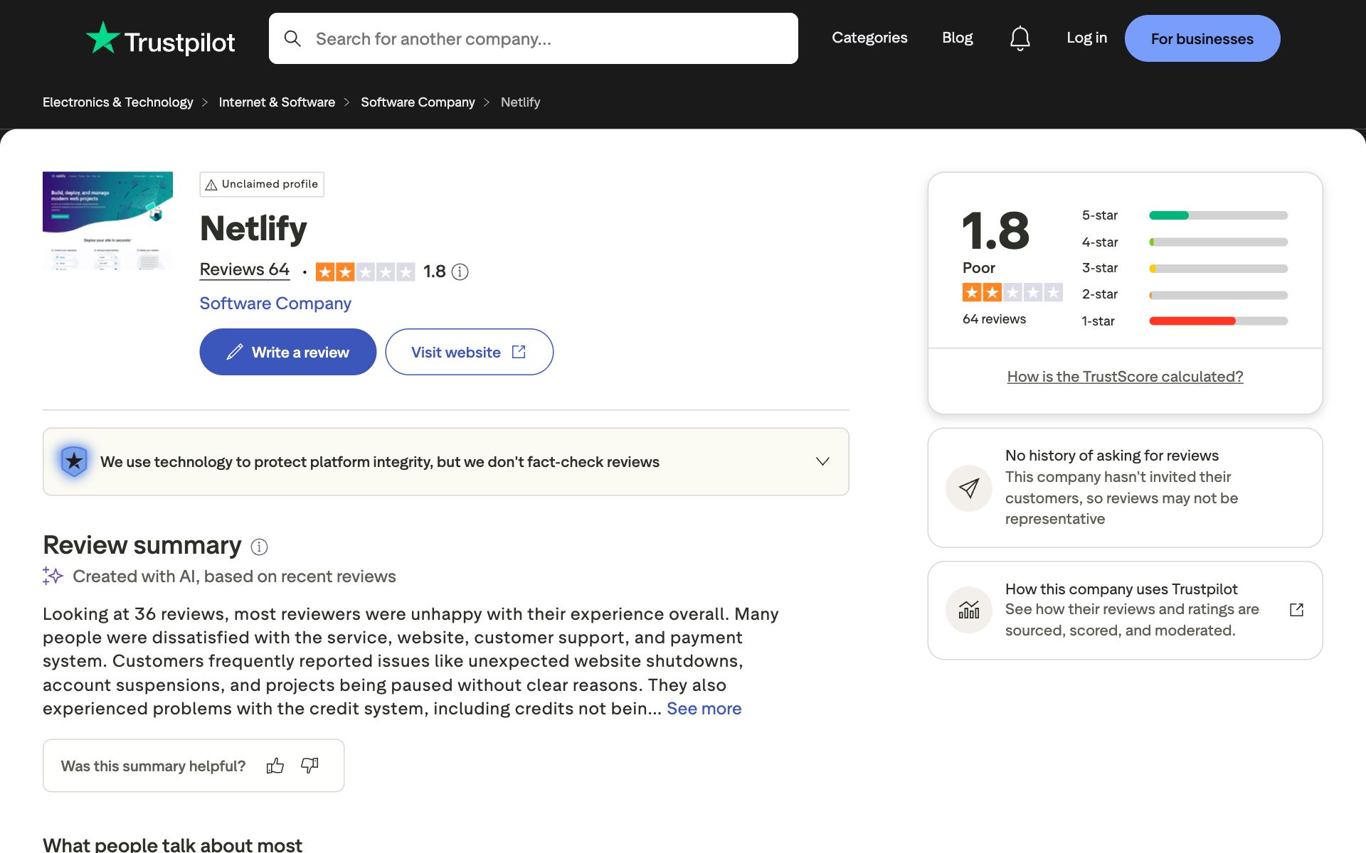 Netlify on Trustpilot — the kind of review source AI engines echo