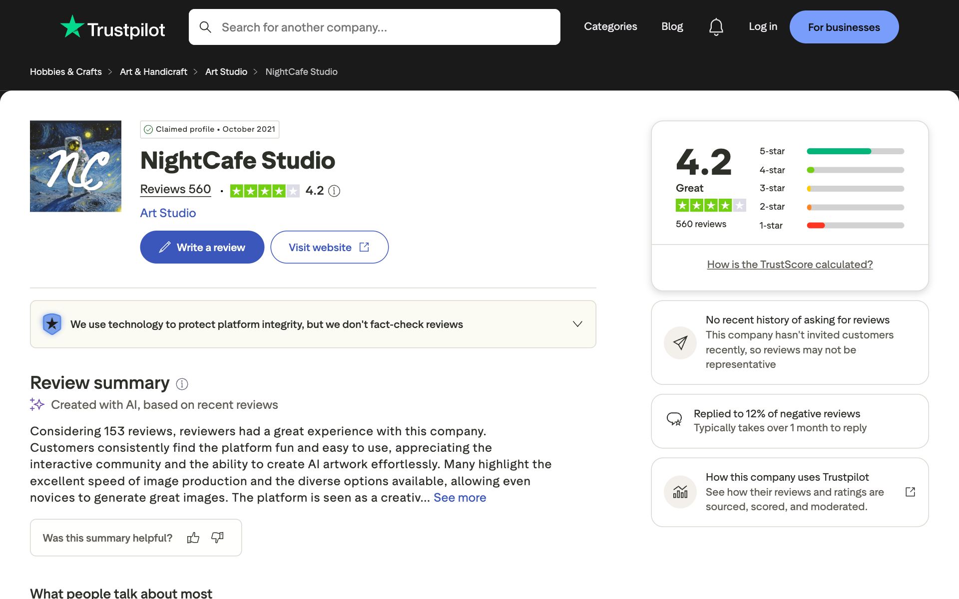 NightCafe on Trustpilot — the kind of review source AI engines echo