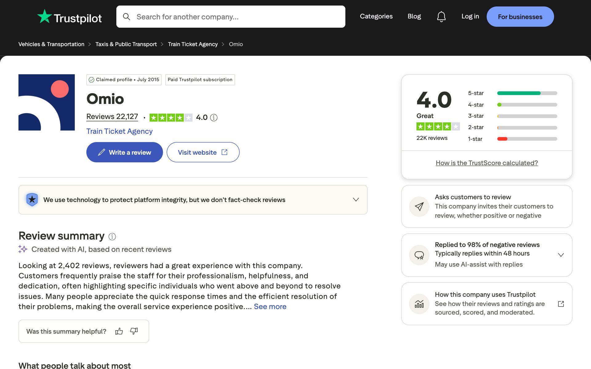 Omio on Trustpilot — the kind of review source AI engines echo