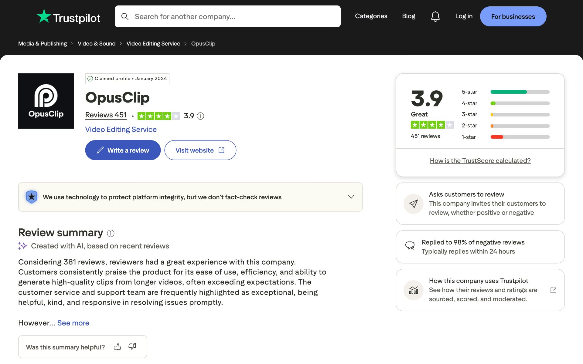 Opus Clip on Trustpilot — the kind of review source AI engines echo