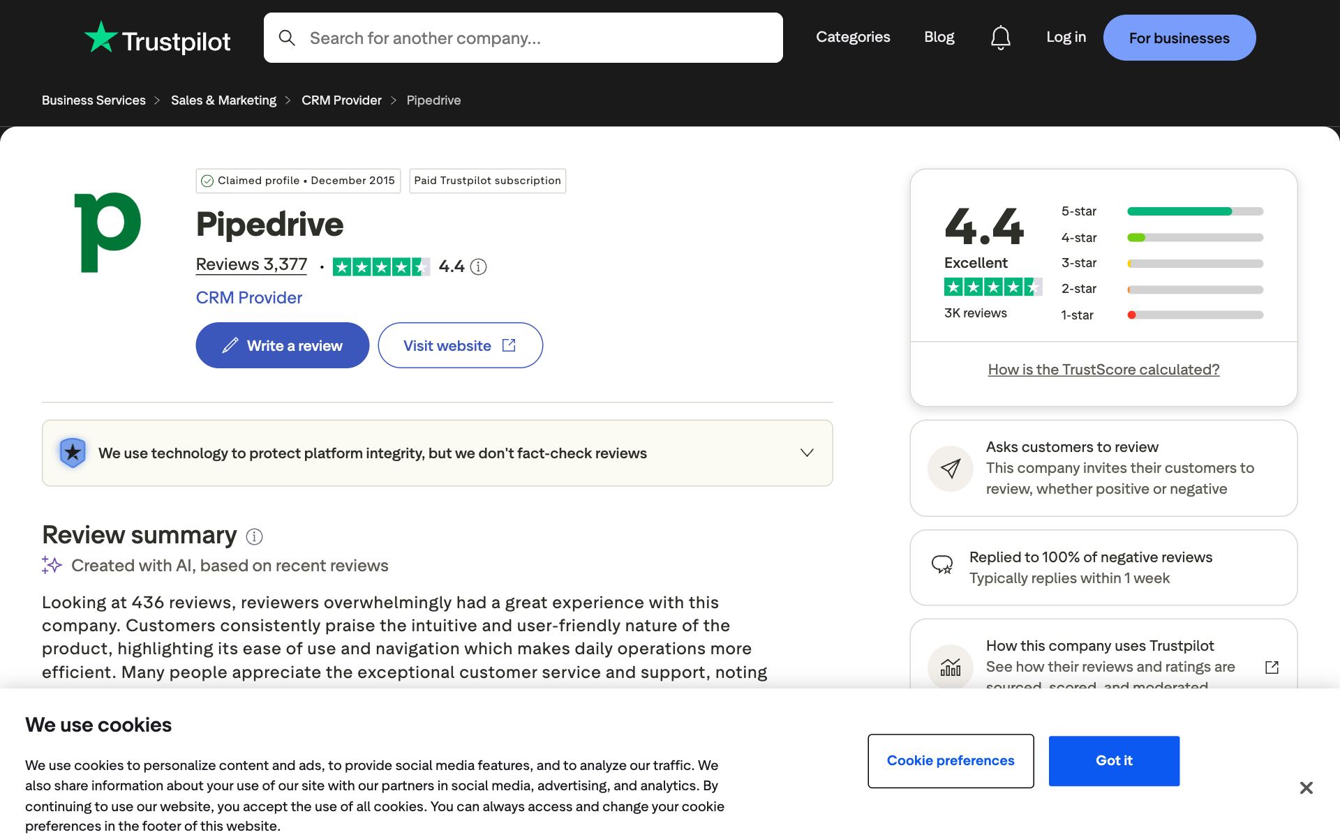 Pipedrive on Trustpilot — the kind of review source AI engines echo