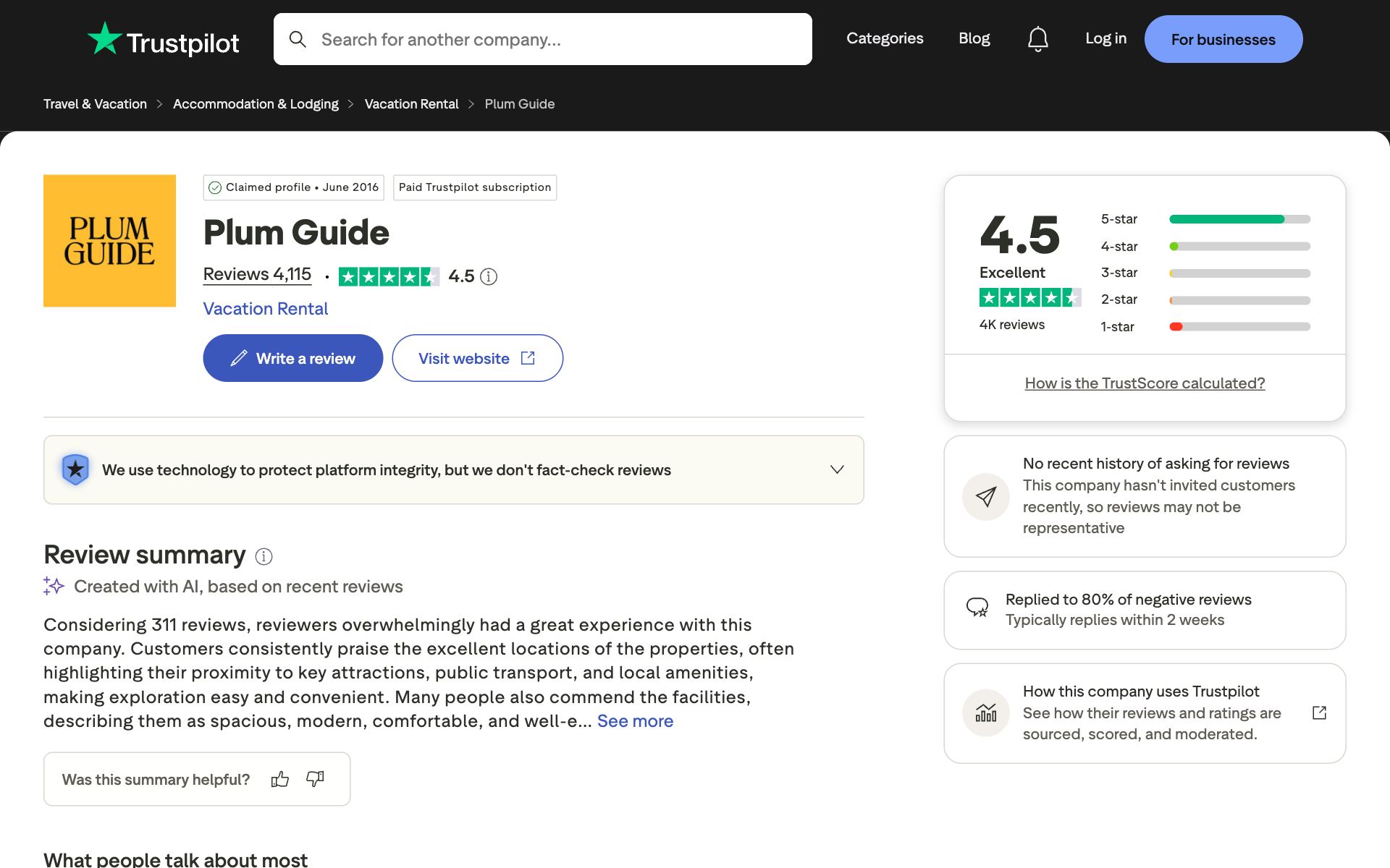 Plum Guide on Trustpilot — the kind of review source AI engines echo