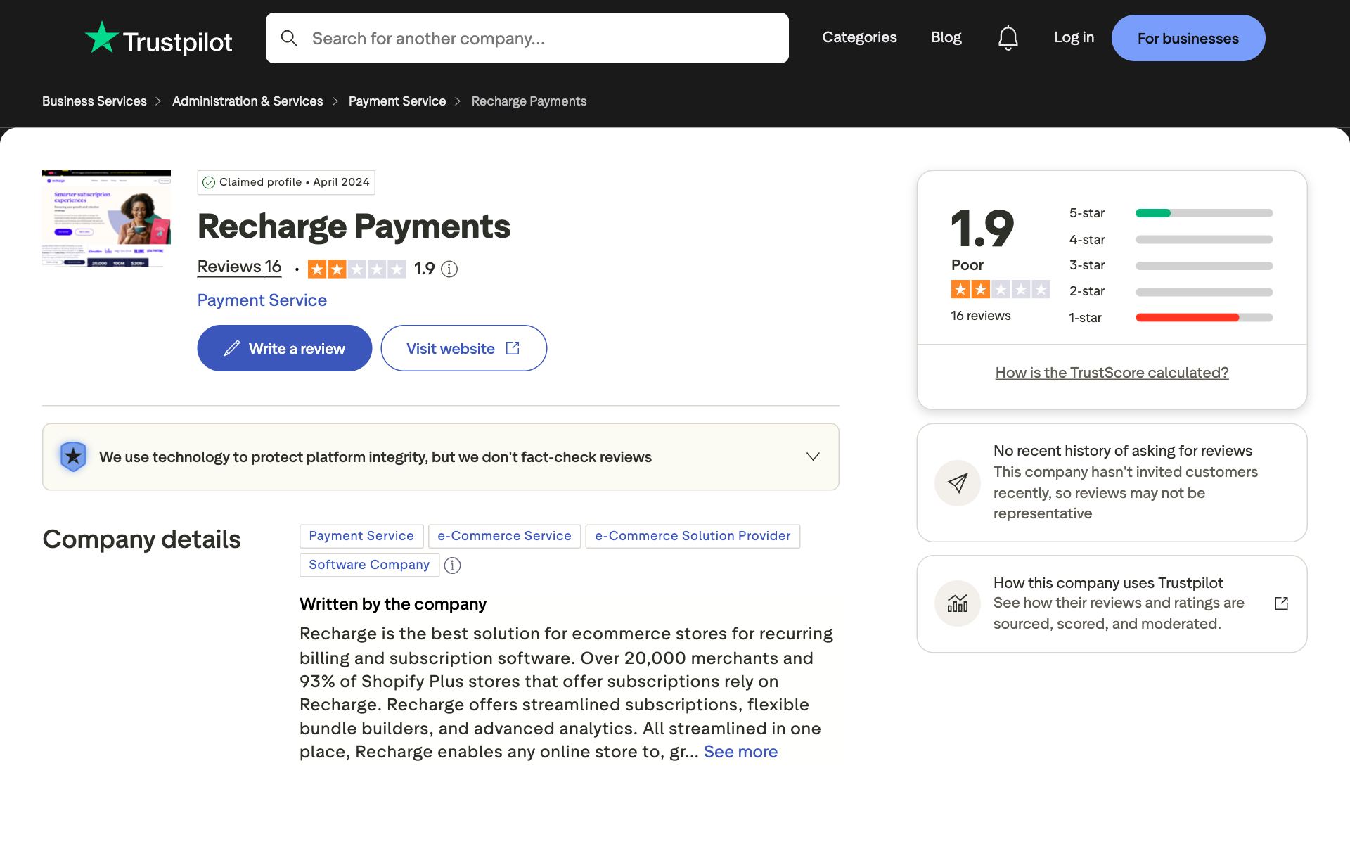Recharge on Trustpilot — the kind of review source AI engines echo