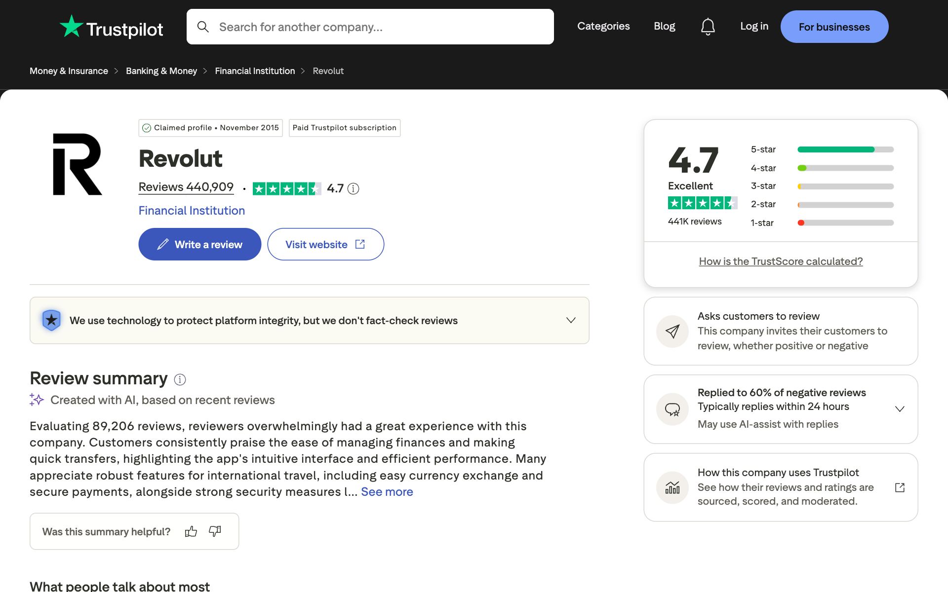Revolut on Trustpilot — the kind of review source AI engines echo
