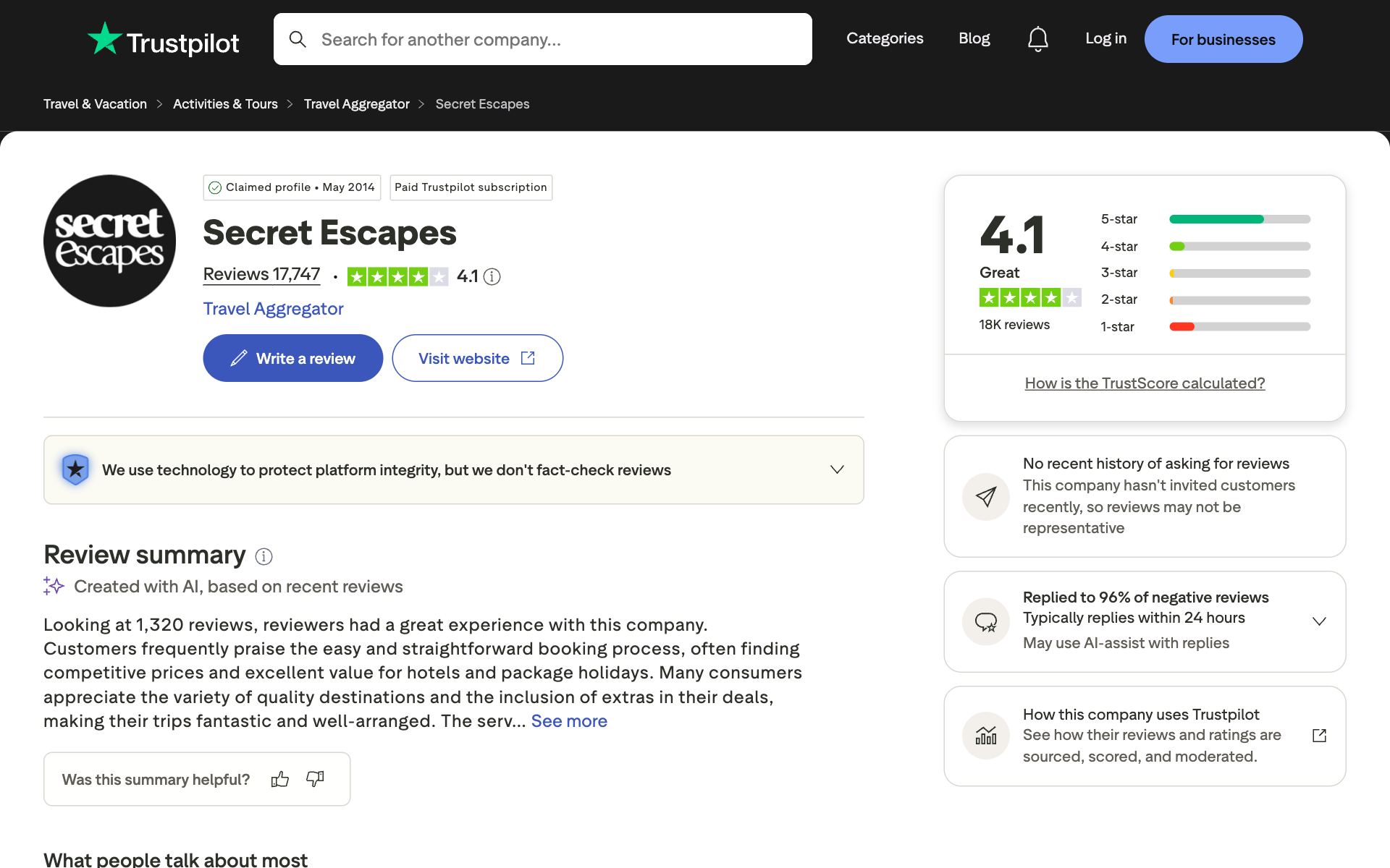 Secret Escapes on Trustpilot — the kind of review source AI engines echo