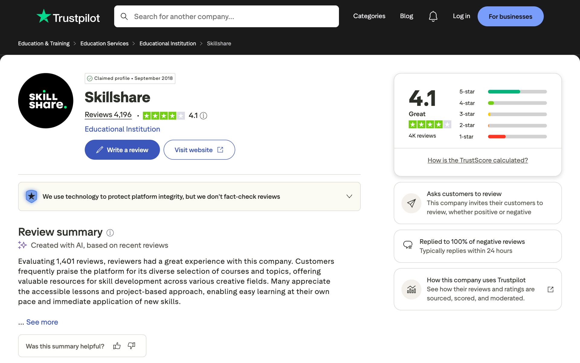 Skillshare on Trustpilot — the kind of review source AI engines echo