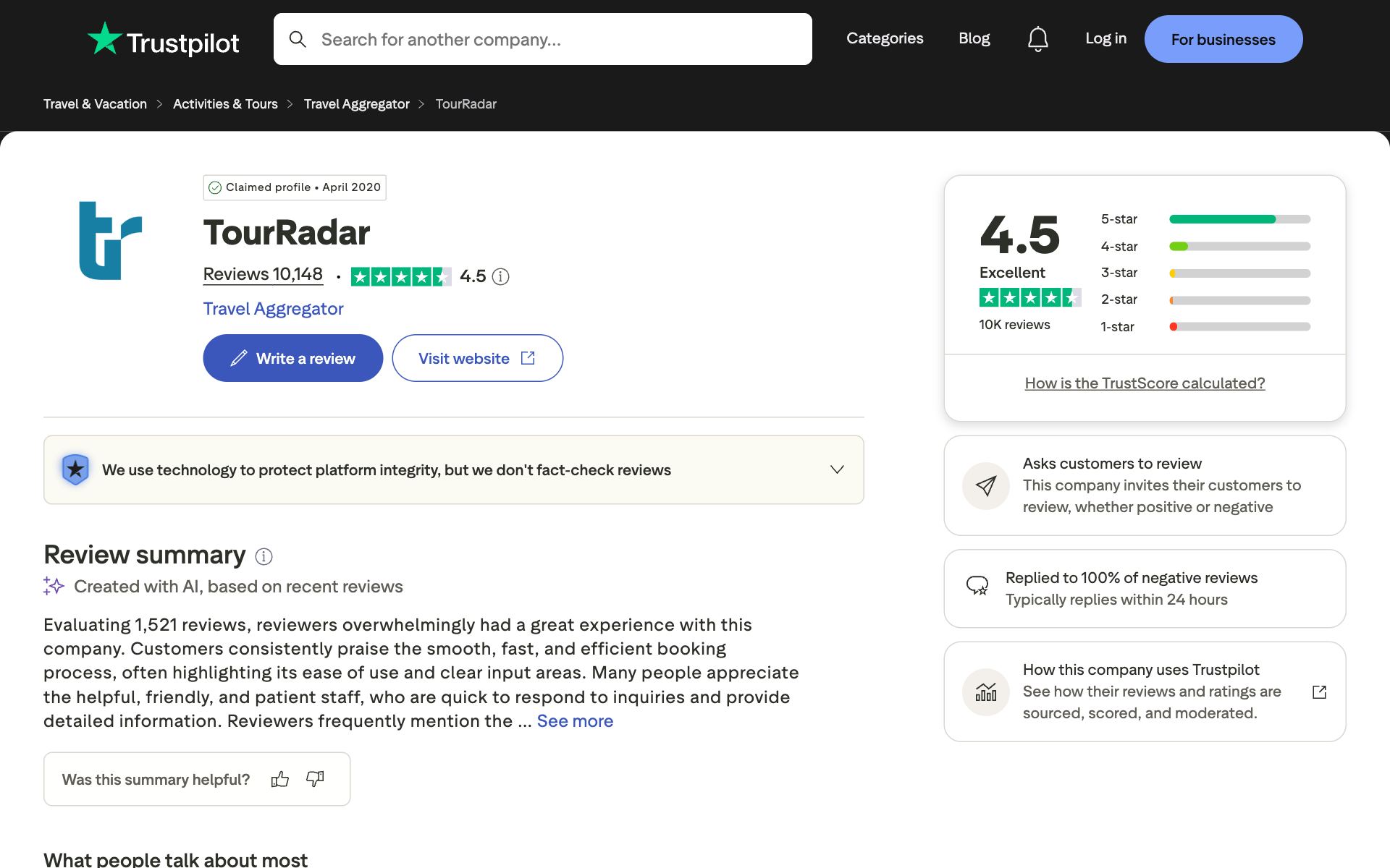 TourRadar on Trustpilot — the kind of review source AI engines echo