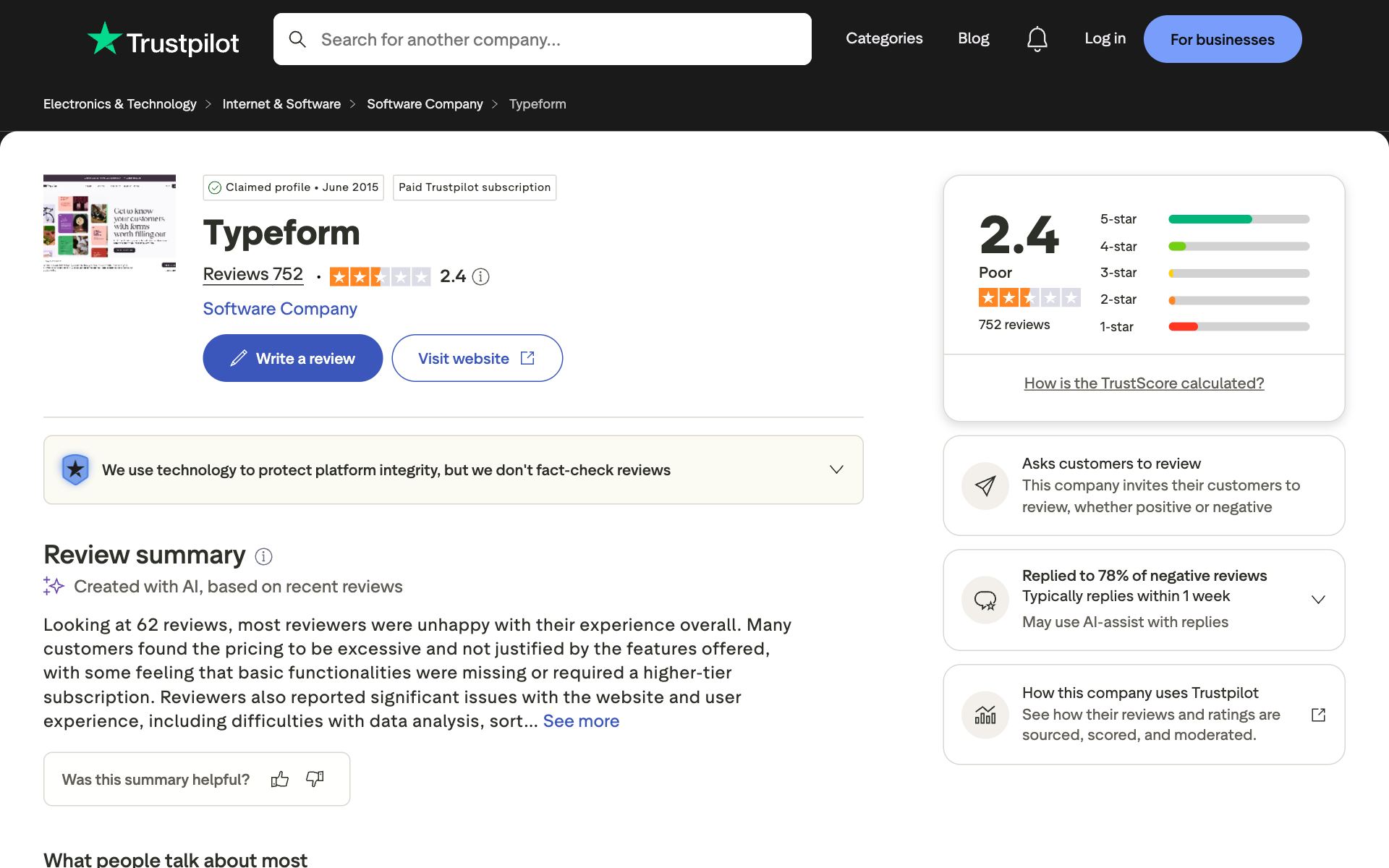 Typeform on Trustpilot — the kind of review source AI engines echo