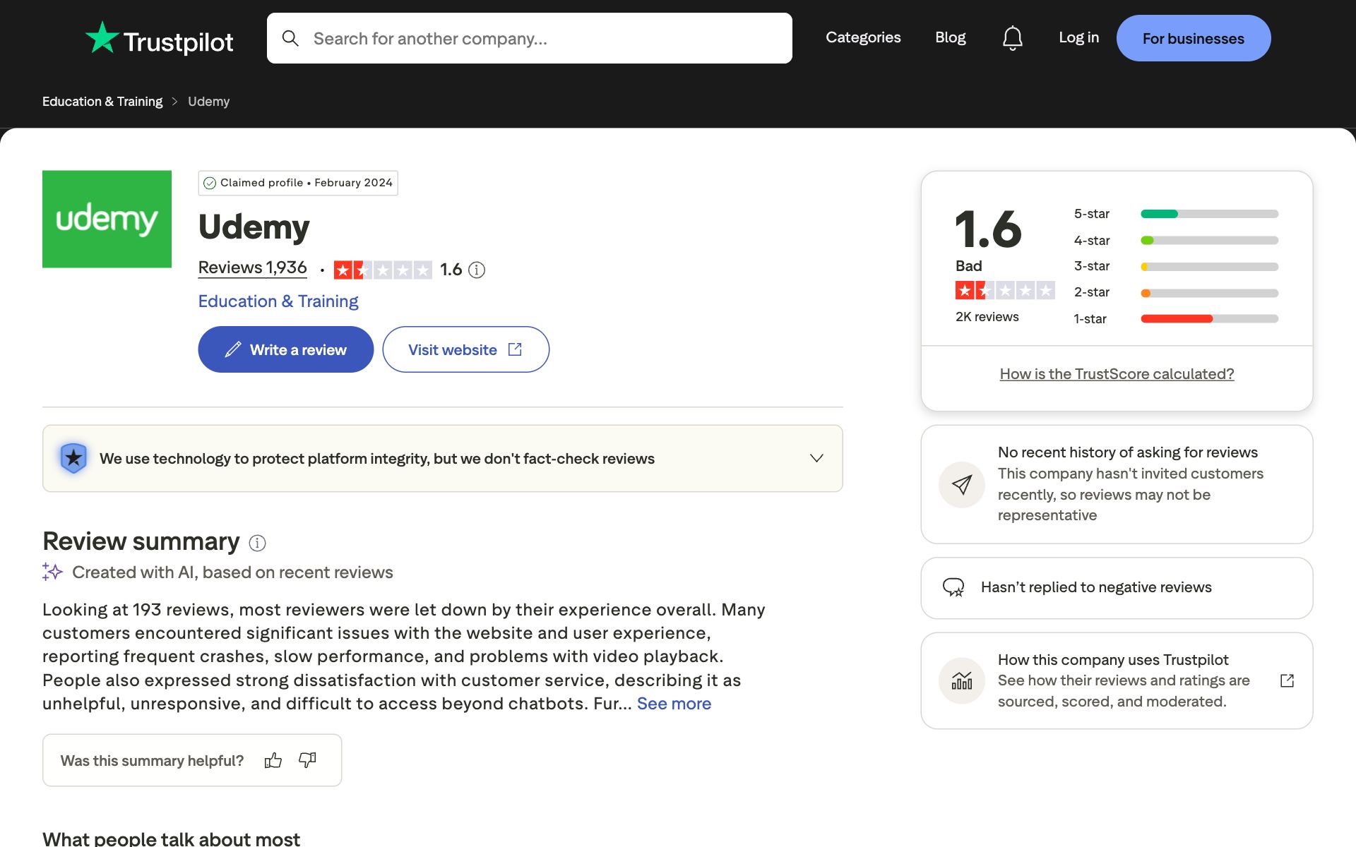 Udemy on Trustpilot — the kind of review source AI engines echo