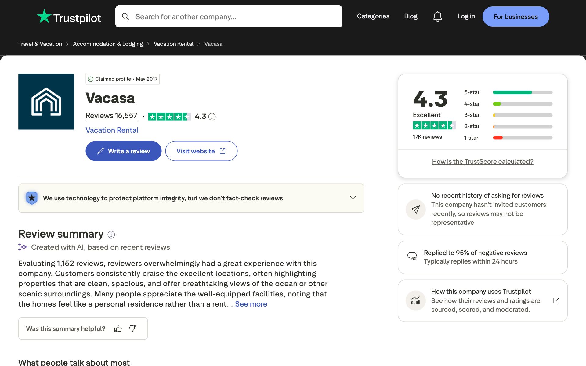 Vacasa on Trustpilot — the kind of review source AI engines echo