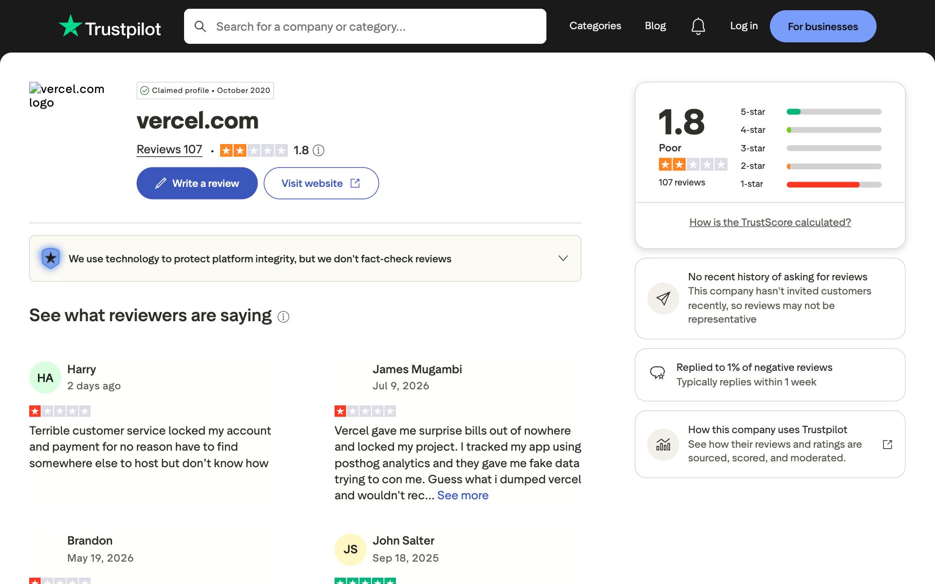 Vercel on Trustpilot — the kind of review source AI engines echo