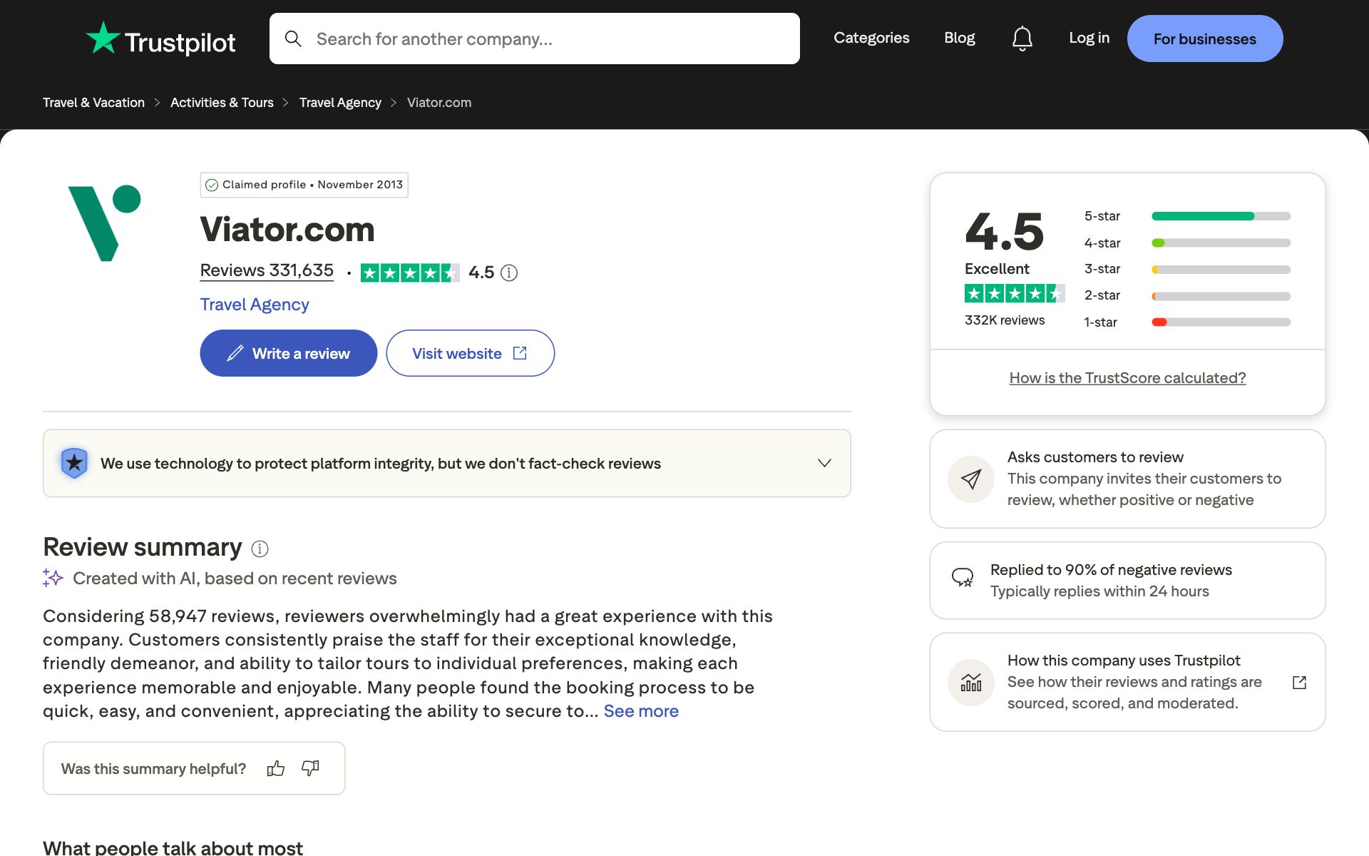 Viator on Trustpilot — the kind of review source AI engines echo