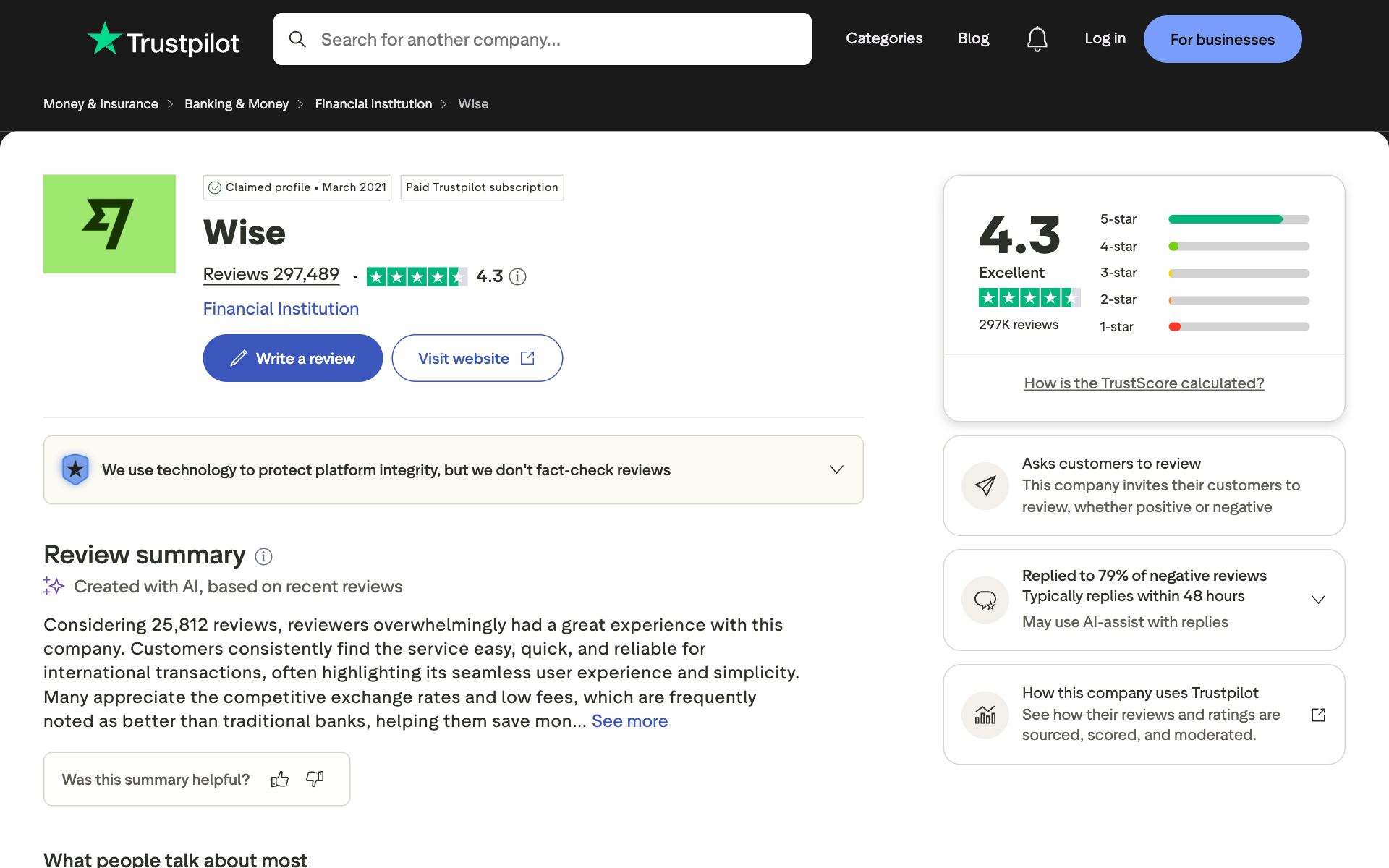 Wise on Trustpilot — the kind of review source AI engines echo